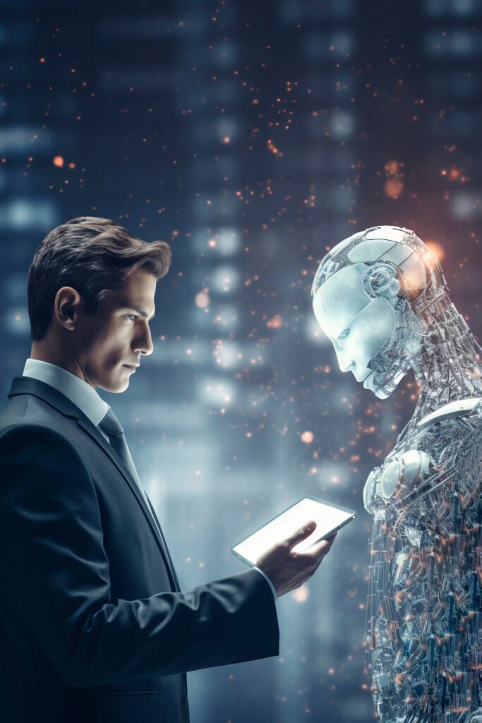 empresario instruindo robo inteligencia artificial